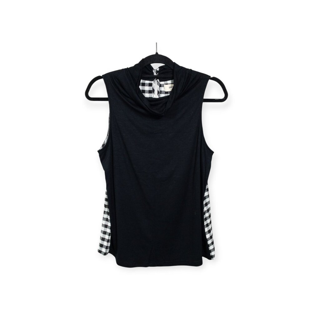 NWT Anthropologie Porridge Short Sleeve Cowl Neck Tank Top SZ Black White Plaid